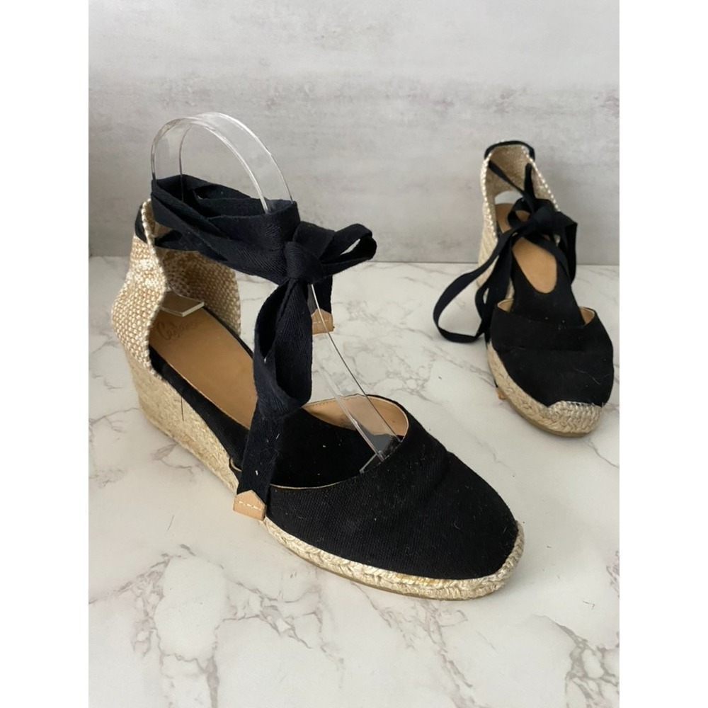Castañer Carina Wedge Espadrilles Sz 39 (US 8) Black Ankle Ribbon Summer